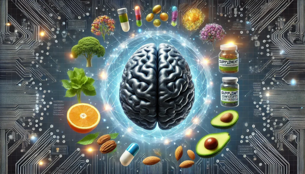 A futuristic concept of a smart, healthy brain surrounded by glowing supplement capsules, herbal extracts, and nutrient-rich foods like avocados and almonds. The neural network is actively emitting pulsating waves of intelligence and creativity. The dark blue digital background with circuits represents advanced cognitive enhancement.