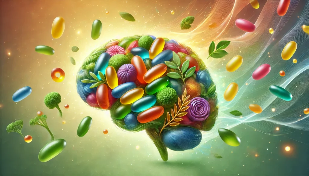 A vibrant composition of brain health gummies infused with natural ingredients such as omega-3, ginkgo biloba, and green tea extract. The colorful gummies float in a swirl of energy, representing improved focus, memory, and cognitive function. The background has a soft green and gold gradient, symbolizing natural wellness and mental clarity.
