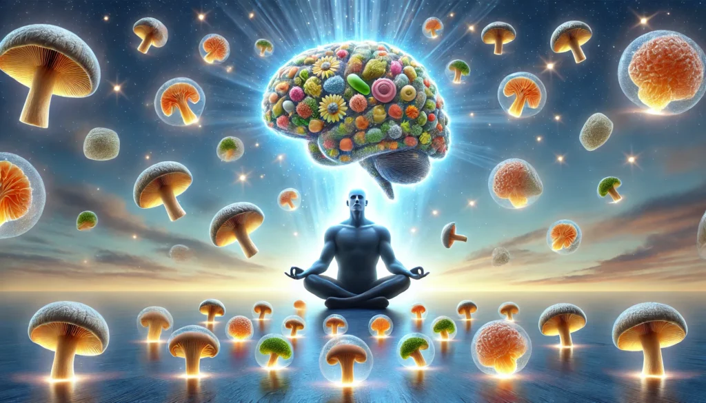 An artistic visualization of a person meditating with a glowing brain, surrounded by floating gummy supplements infused with brain-boosting ingredients like lion’s mane mushroom and ginkgo biloba. The gummies emit a radiant glow, symbolizing mental clarity and enhanced cognition. The background features a tranquil blue sky with light sparkles, representing a calm and focused mind.