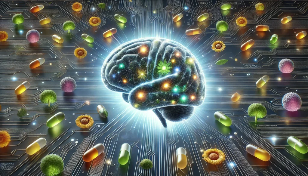 A futuristic concept of brain health gummies boosting intelligence and cognitive function. A smart, healthy brain is surrounded by glowing, nutrient-rich gummy supplements containing herbal extracts like turmeric, ashwagandha, and omega-3. The neural network is visibly active, emitting pulsating waves of intelligence and creativity. The dark blue digital interface with circuits in the background symbolizes advanced brain enhancement.