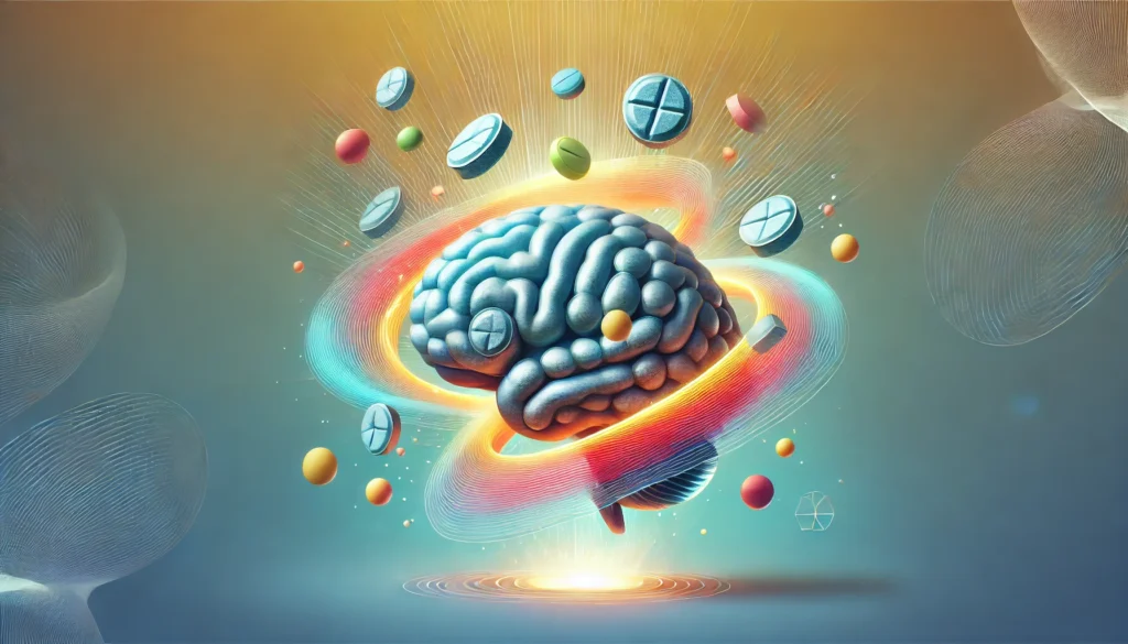 A vibrant composition of brain focus tablets infused with natural nootropic ingredients such as caffeine, L-theanine, and rhodiola rosea. The sleek tablets are dynamically floating in a swirl of energy, representing improved concentration, mental clarity, and cognitive performance. The background has a soft gradient of blue and gold, symbolizing the balance between energy and relaxation.