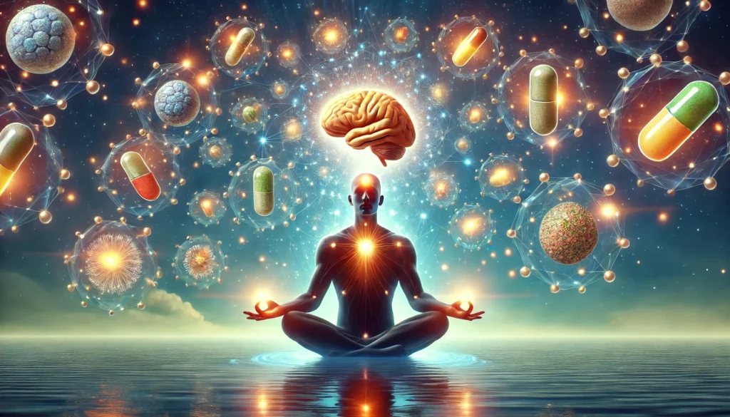 An artistic visualization of a person meditating with a glowing brain, surrounded by floating brain focus tablets infused with cognitive-enhancing ingredients like ginseng, phosphatidylserine, and acetyl-L-carnitine. The tablets emit a radiant glow, symbolizing mental clarity and improved concentration. The background features a tranquil sky with light sparkles, representing a calm and focused mind.