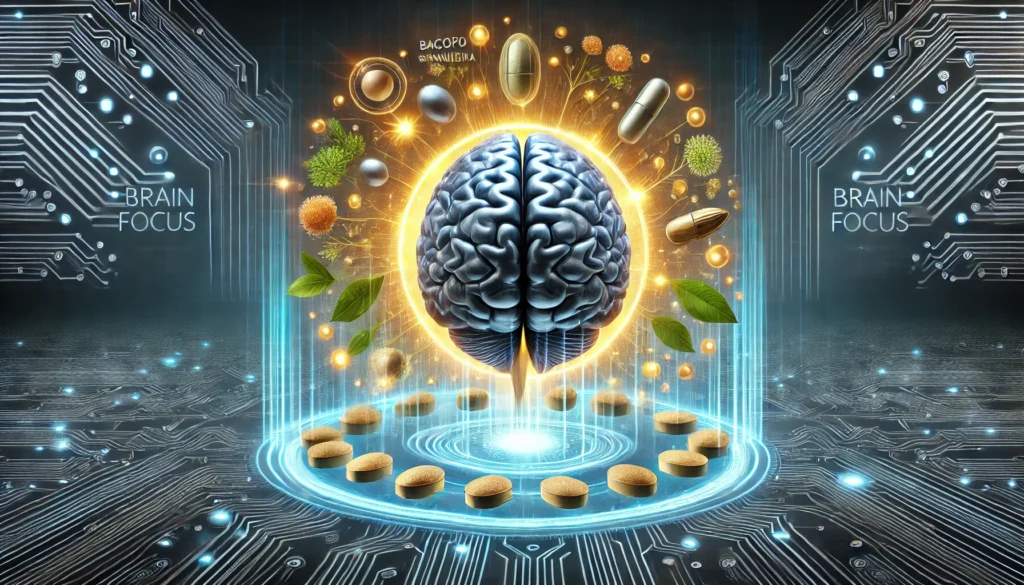 A futuristic concept of brain focus tablets boosting intelligence and cognitive function. A smart, healthy brain is surrounded by glowing, high-tech tablets infused with herbal extracts like bacopa monnieri, ashwagandha, and omega-3. The neural network is visibly active, emitting pulsating waves of intelligence and creativity. The background is a dark blue digital interface with circuits, symbolizing advanced cognitive enhancement.