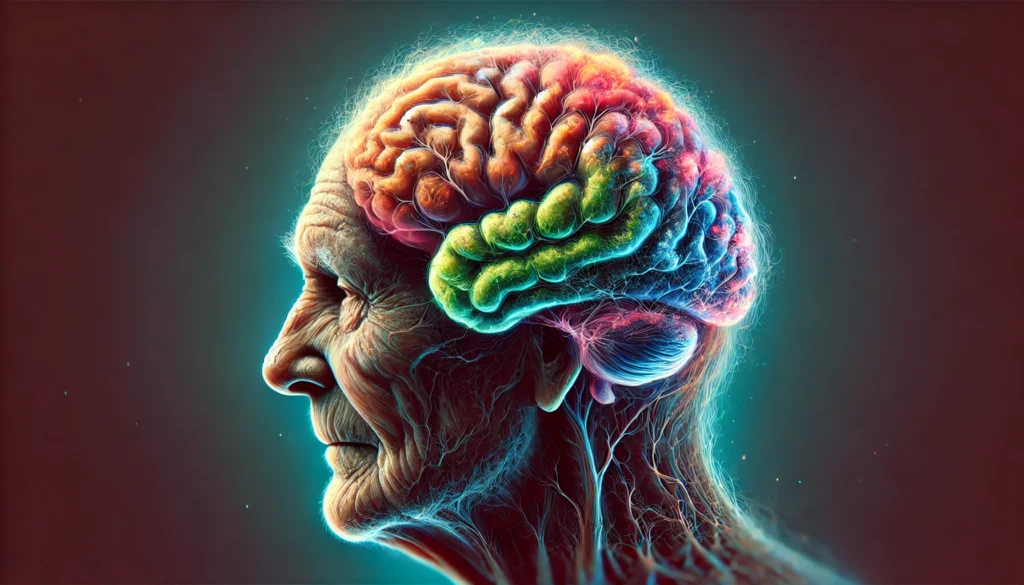 A brain with visible shrinkage and fewer neural connections, portraying cognitive slowing and memory decline.