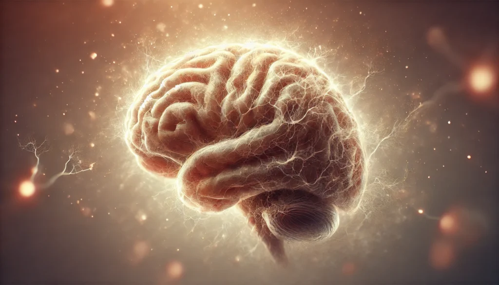 A significantly reduced brain with faint neural activity, but surrounded by a soft, warm light, representing accumulated wisdom.
