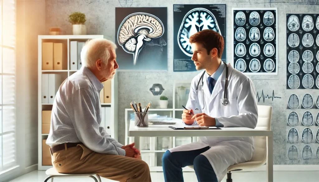 An elderly person consulting an attentive doctor in a bright medical office, with brain scans subtly visible in the background, symbolizing seeking professional help for memory loss.