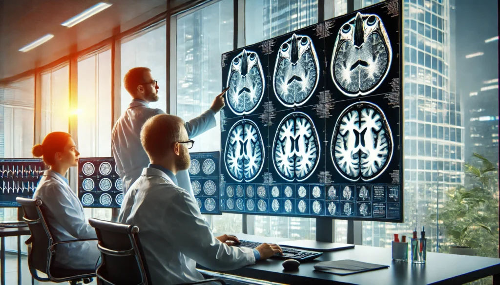 A team of doctors analyzing brain scans in a modern healthcare facility, representing the process of diagnosing memory loss and selecting the best specialist.