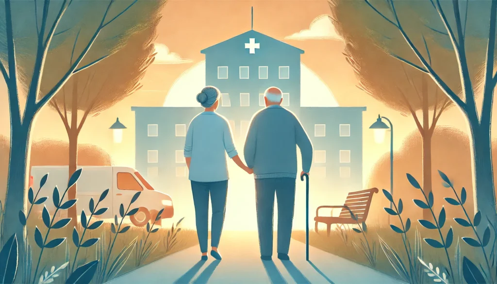 An elderly person walking with a supportive family member towards a hospital or clinic, symbolizing the journey of seeking the right doctor for memory loss with the help of loved ones.