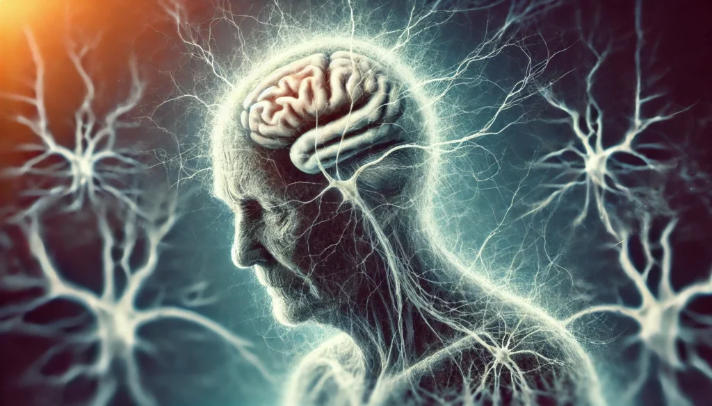 A faded neural network with weakened connections and frayed nerve fibers, illustrating the slowing of neural responses and cognitive decline.