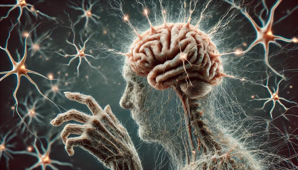 Sparse, fragmented neural connections with severe degeneration, symbolizing slowed reflexes, cognitive impairment, and the challenges of advanced age.
