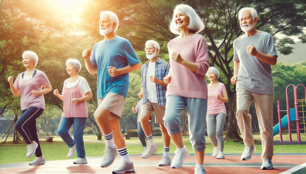 A group of elderly people practicing brisk walking and light jogging in a park, promoting cardiovascular health and brain function to help prevent dementia.