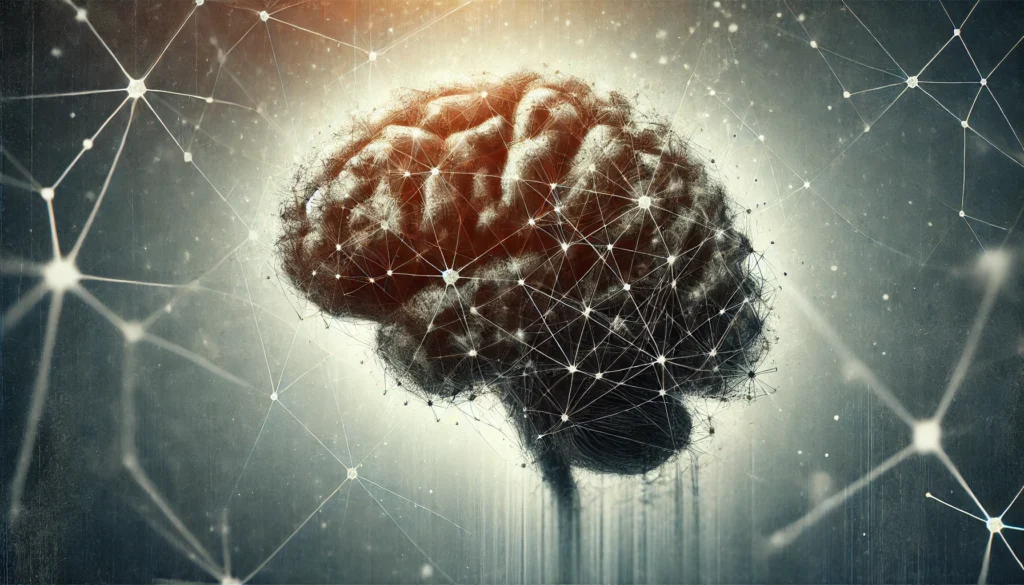 A brain with significantly disrupted neural pathways, featuring darkened areas that symbolize severe memory loss and brain shrinkage due to Alzheimer’s disease.