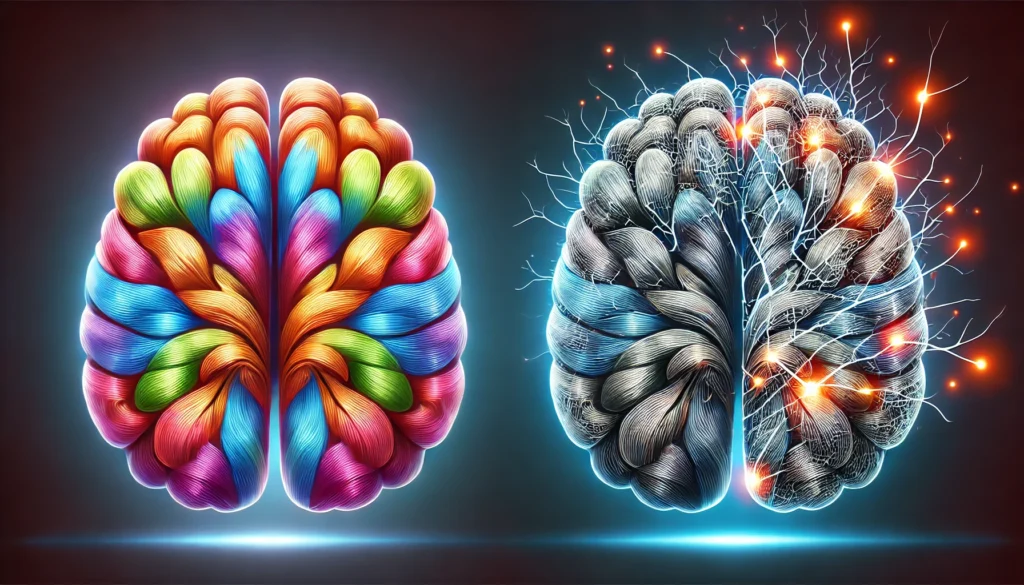 A side-by-side representation of a healthy brain with strong neural connections and a dementia-affected brain with faded, broken pathways, illustrating cognitive decline.