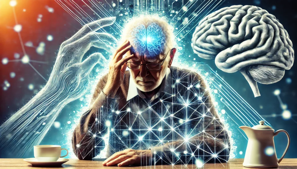 A symbolic image of an elderly person appearing confused, surrounded by a fragmented brain outline, representing the impact of dementia and Alzheimer’s on daily life.