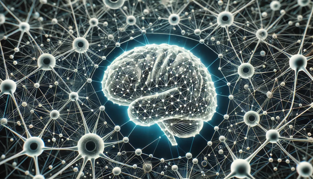 A symbolic representation of a brain surrounded by a complex web of neurons, highlighting the brain’s ability to maintain function despite aging.