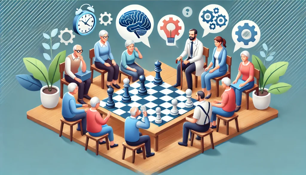 A group of elderly people playing chess and solving puzzles together, demonstrating the importance of social interaction and problem-solving in maintaining cognitive function.