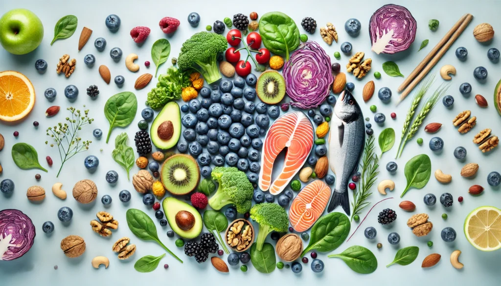 A vibrant assortment of brain-healthy foods, including blueberries, nuts, leafy greens, and fish, arranged artistically to highlight their role in enhancing cognition.
