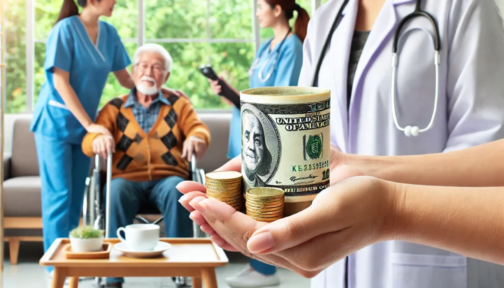 A piggy bank with medical symbols, such as a stethoscope and pills, placed on a wooden table with an elderly care facility subtly in the background, representing the cost of memory care.