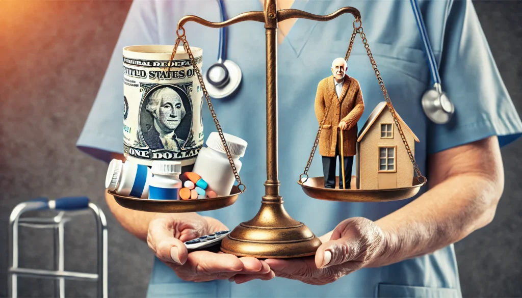 A senior care home with professional caregivers assisting elderly residents, while a hand in the foreground holds a stack of money, symbolizing the cost of high-quality memory care.