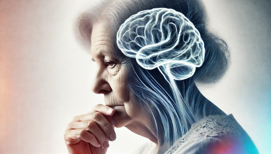 An elderly person in a thoughtful pose with a blurred memory in the background, representing the early-stage effects of amnestic mild cognitive impairment.