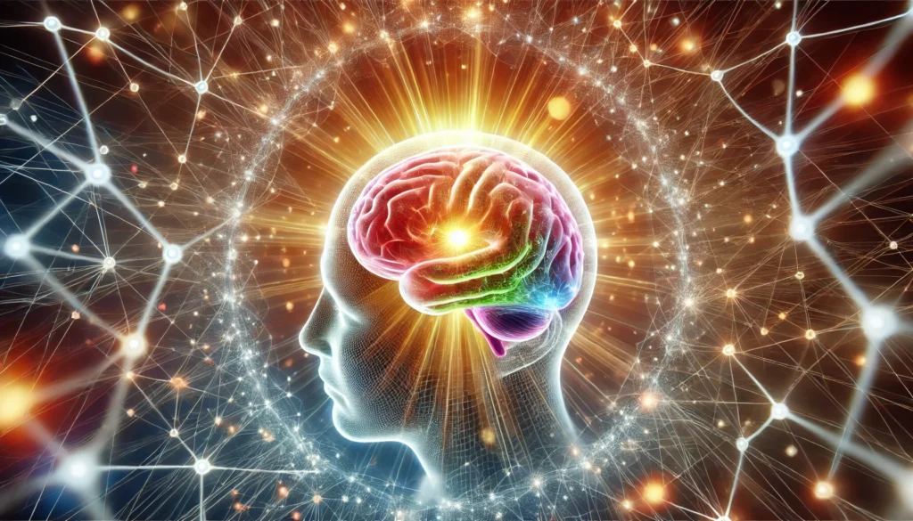 A glowing human brain surrounded by interconnected neural pathways, symbolizing cognitive function and the importance of brain health awareness.