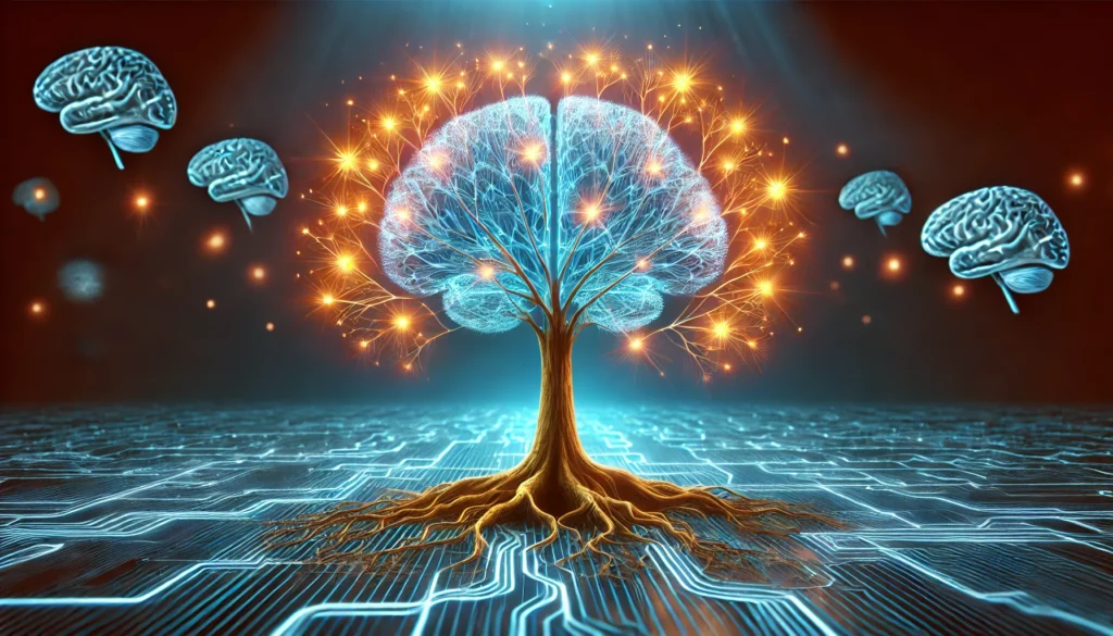 A glowing tree with neural branches and strong roots, symbolizing cognitive growth, brain health, and the spread of knowledge about mental well-being.