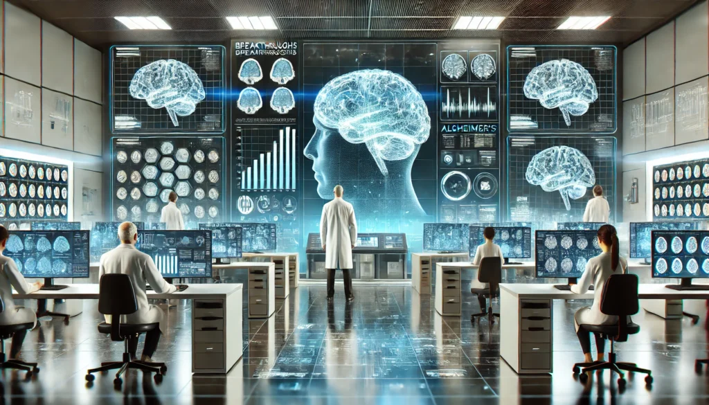 A futuristic medical laboratory where scientists analyze brain scans on advanced screens, symbolizing breakthroughs in Alzheimer’s treatment.