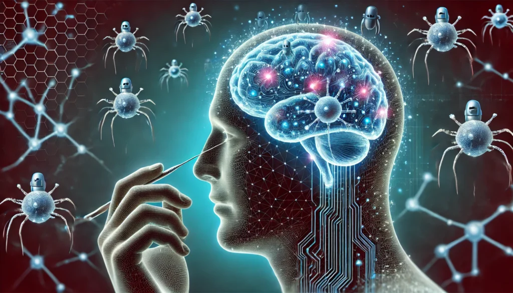 A conceptual image of a human brain with tiny medical nanobots repairing neural connections, representing futuristic advancements in neurodegenerative disease therapy.