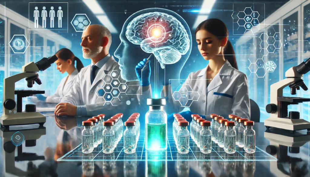 A team of scientists in a cutting-edge research facility examining a vial with a potential new drug, with holographic brain projections symbolizing pharmaceutical progress.