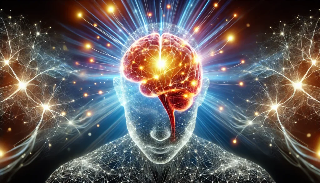 A glowing adult human brain with illuminated neural connections forming, symbolizing continuous cognitive development and neuroplasticity.