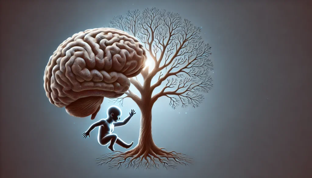 A conceptual representation of a tree growing from within a brain, illustrating lifelong learning, adaptation, and new neural connections.