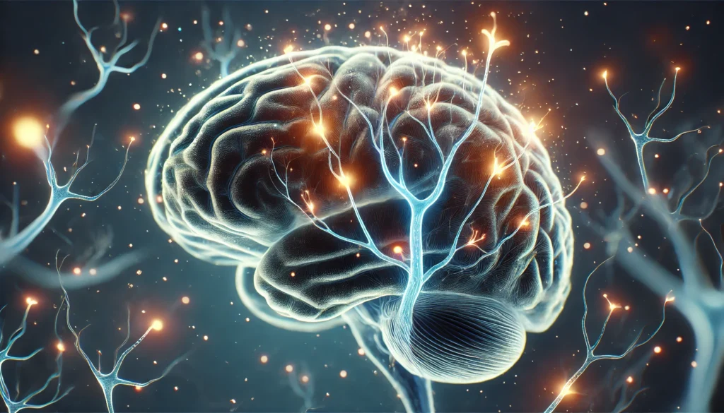 An adult brain with small glowing neural sprouts emerging along its pathways, representing the ongoing process of neurogenesis and brain plasticity.