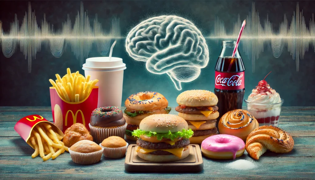 A moody scene of a table filled with cakes, candies, sodas, and pastries, with a neural network fading in the background, representing the harmful effects of sugar on brain function.