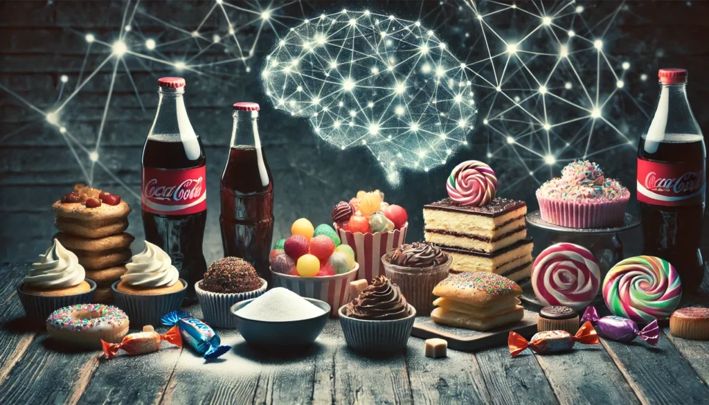 A conceptual image of fast food burgers, fries, sugary drinks, and pastries, with a subtle faded brain in the background symbolizing the impact of processed foods on memory decline.