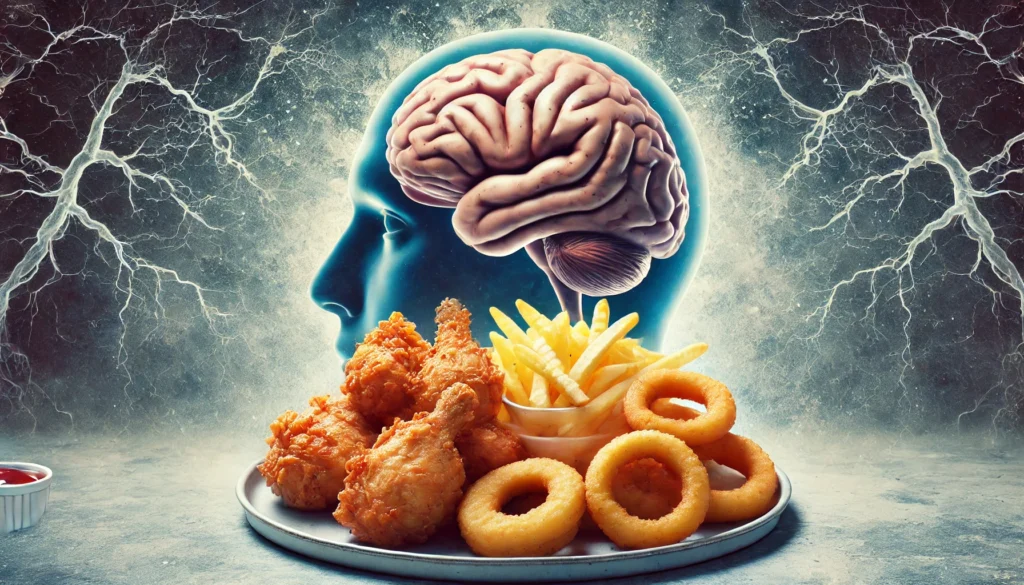 A plate of deep-fried foods such as fried chicken, fries, and onion rings, with a deteriorating brain subtly fading in the background, illustrating the negative effects of trans fats on cognition.