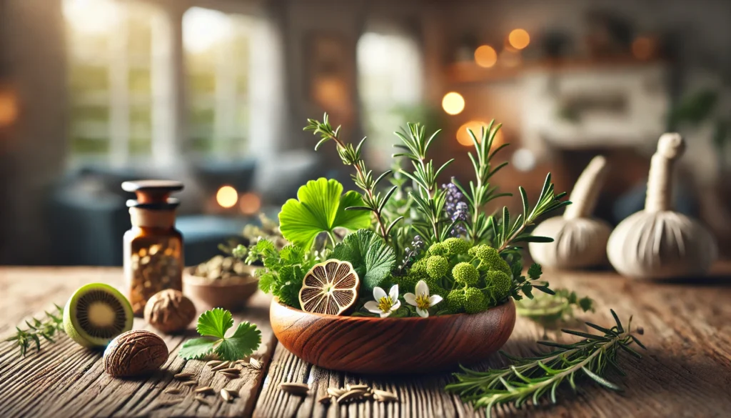 Close-up of fresh herbs including ginkgo biloba, bacopa monnieri, and rosemary arranged in a wooden bowl on a rustic table with a warm, naturally lit background.
