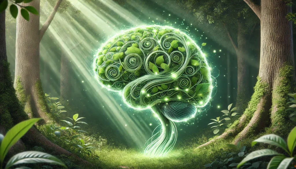 A glowing brain made of intertwining herbal vines and leaves floating in a sunlit forest, visually representing the concept of natural memory and cognitive enhancement.
