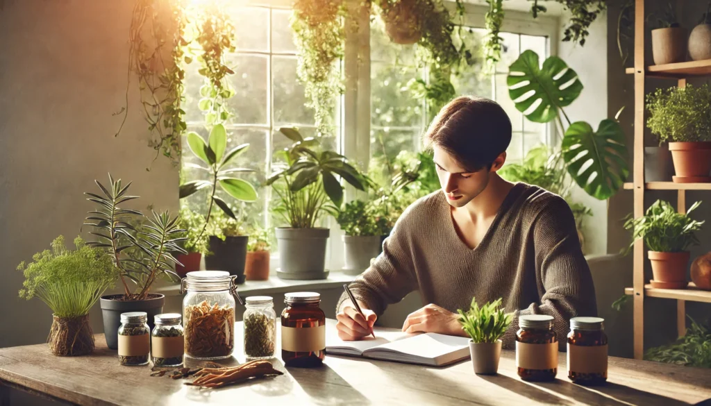 Young adult studying at a sunlit desk with visible indoor plants and herbal supplements like ginseng and ashwagandha nearby, illustrating natural mental focus and memory support.