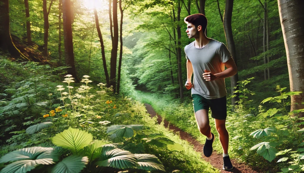 A young adult jogging on a forest trail in morning light, surrounded by greenery and herbal plants, representing natural ways to improve brain function and mental clarity through exercise and nature.