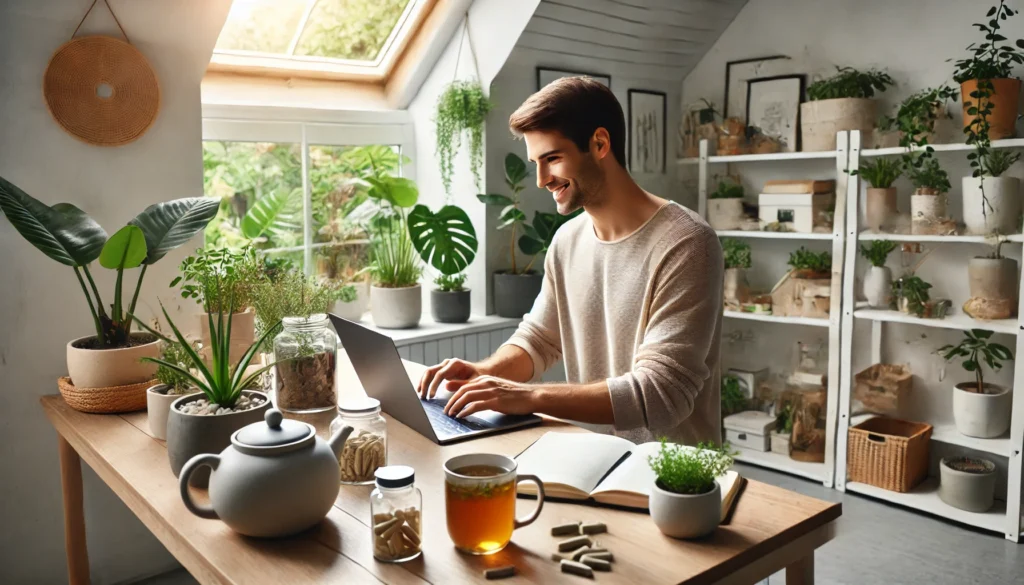A person working at a sunlit home office desk with herbal tea, supplements, and indoor plants, illustrating enhanced mental performance and focus supported by a natural environment.