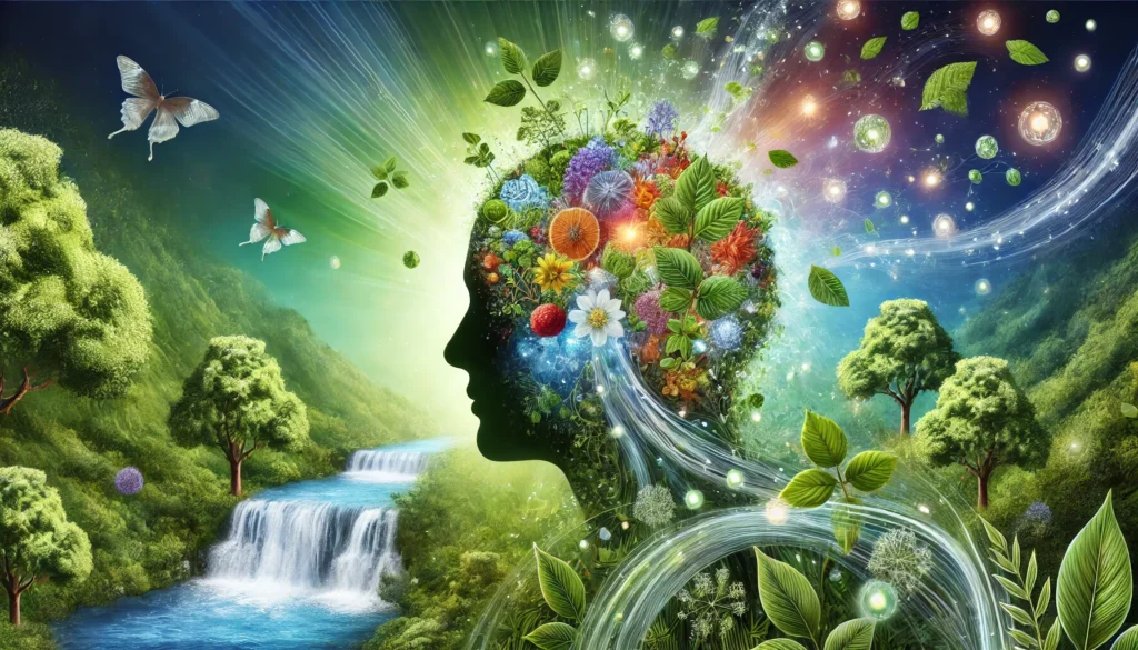 A human head silhouette filled with vibrant images of forests, waterfalls, and herbs, surrounded by glowing orbs, representing natural enhancement of memory and cognitive potential.