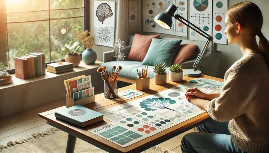 A peaceful study environment with a person using visualization aids like mind maps and flashcards, representing effective psychological techniques for enhancing recall and memory retention.