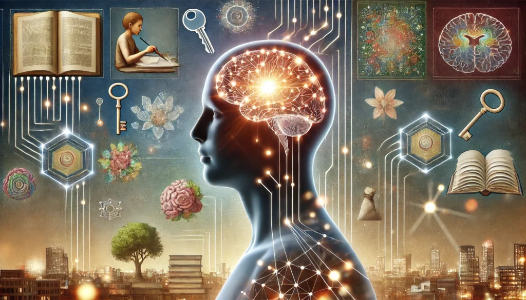 A surreal human silhouette with an illuminated brain surrounded by glowing neural symbols, layered with scenes of studying and journaling to represent memory enhancement techniques.