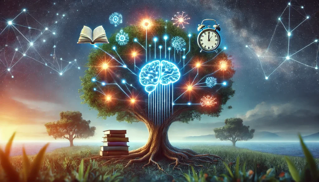 A symbolic tree with glowing icons such as books, clocks, and neurons embedded in its branches, representing the growth and reinforcement of long-term memory through proven strategies.