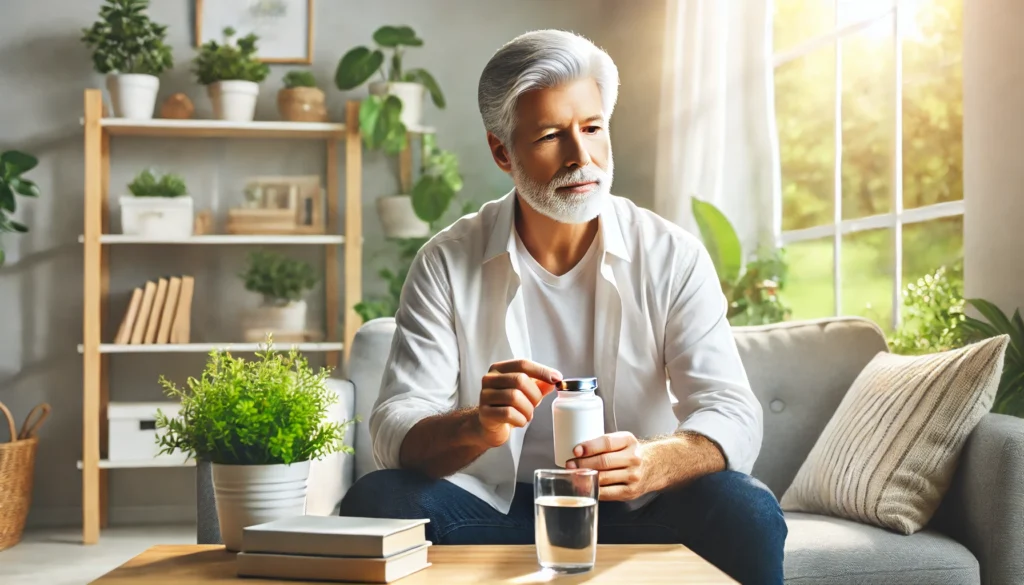 Senior man sitting in a bright, plant-filled living room, calmly holding a memory supplement bottle and water, representing cognitive clarity and focus.