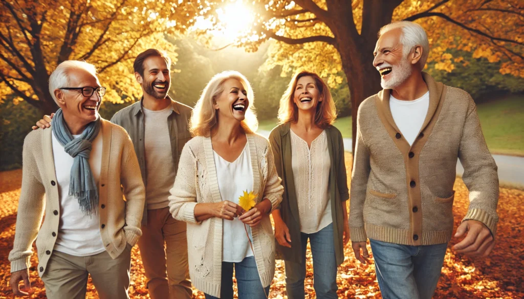 Group of seniors walking together in an autumn park, laughing and engaged, symbolizing mental alertness and the social benefits of memory-enhancing supplements.