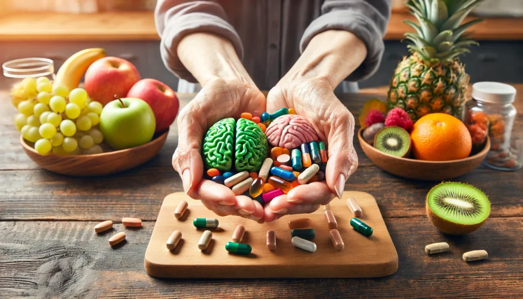 Close-up of senior woman’s hands holding colorful memory supplements and multivitamin capsules, set against a kitchen background with fresh fruit, illustrating natural brain support.