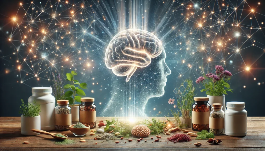 Futuristic concept of a brain made of light particles floating above brain supplements, with a glowing neural network background symbolizing cognitive enhancement.