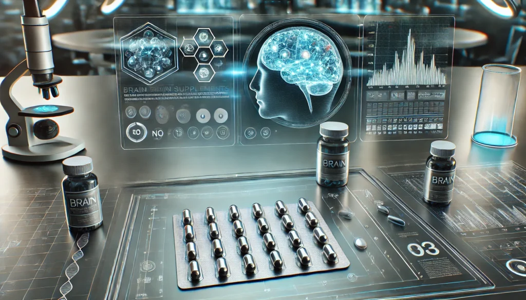 Capsules and brain supplements on a sleek lab table with digital holograms of brain scans and cognitive activity, representing scientific research on memory enhancement.