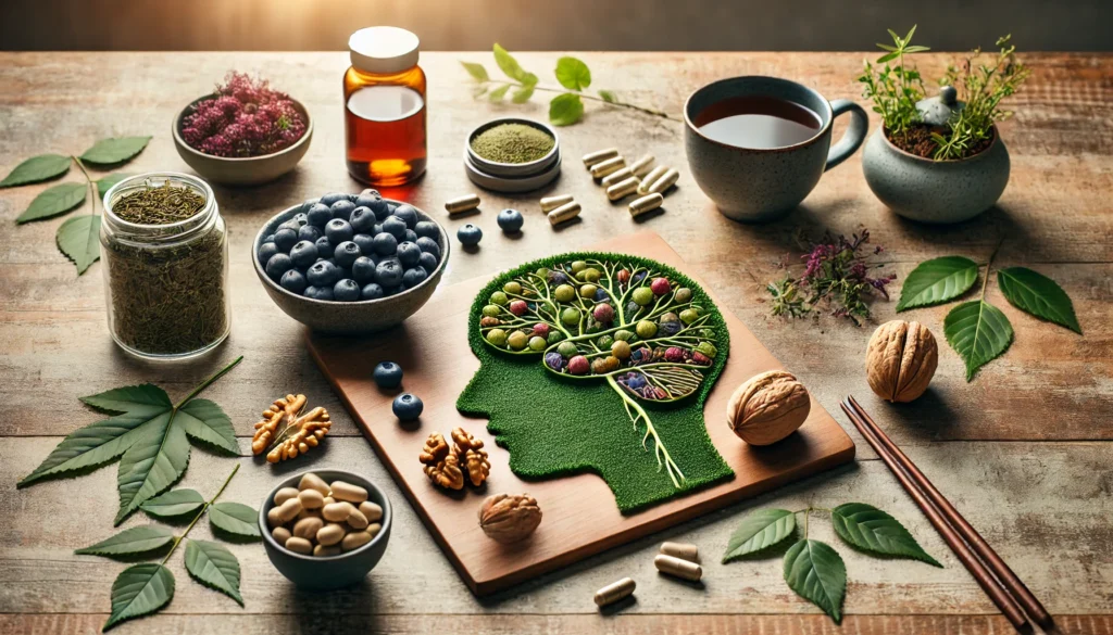 Natural brain-boosting ingredients like blueberries, walnuts, green tea, and ginseng arranged on a wooden surface with a brain-shaped herbal outline in the background.